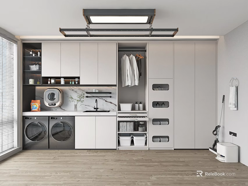 Home Balcony Laundry Area With Washing Machine Dryer Storage Cabinets And Clothes Hangers 3d model 
