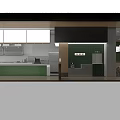 Modern Self-service Restaurant Interior Featuring Green Black Wooden Counter And Pickup Area