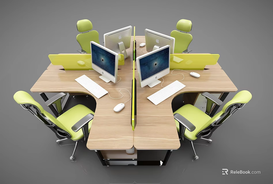Wooden Multi Person Office Desk With Green Chairs Computer Monitors And Keyboards 3d model 