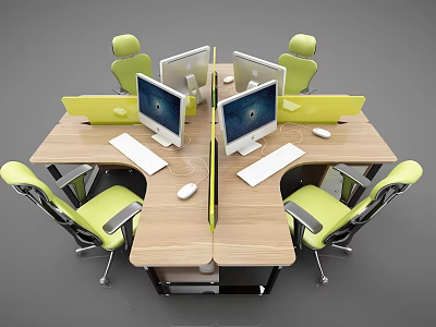 Wooden Multi Person Office Desk With Green Chairs Computer Monitors And Keyboards 3d model