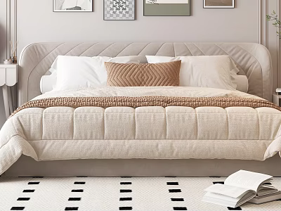 Cozy Double Bed Interior Design With Upholstered Headboard Neutral Bedding And Patterned Rug 3d model