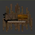 Vintage Wooden Piano Covered With Cloth On Scattered Wooden Planks