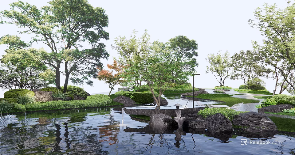 Tranquil Waterfront Landscape With Trees Rocks Pathways And Reflections On Water Surface 3d model 