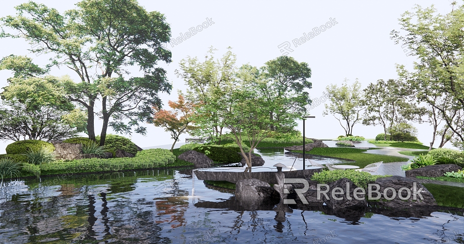 New Chinese-style Garden Landscape Waterfront Landscape Waterscape Plant Group Landscape Sparks model