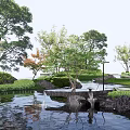 Tranquil Waterfront Landscape With Trees Rocks Pathways And Reflections On Water Surface
