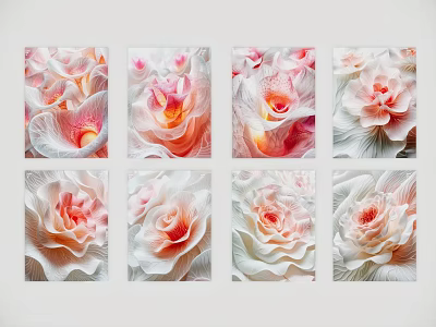Botanical Paintings With Pink And White Flowers Eight Framed Artworks In Grid 3d model