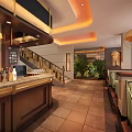 Modern Luxury Restaurant Interior With Open Bar Leather Sofas Chandeliers And Large Windows 3d model