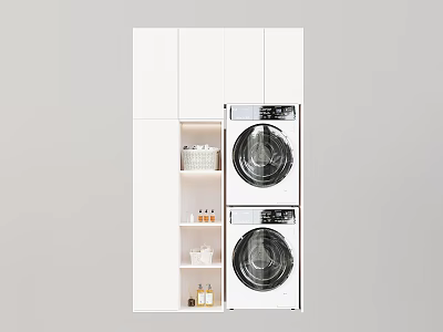 White Laundry Cabinet Interior With Stacked Washer Dryer Open Shelves Small Baskets And Jars 3d model