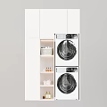 White Laundry Cabinet Interior With Stacked Washer Dryer Open Shelves Small Baskets And Jars