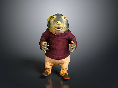Creature Character Wearing Purple Sweater and Beige Pants with Green Face Yellow Ears and Claws 3d model