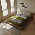 Modern Double Bed In Bright Room With Wooden Floor Sunlight And Wall Art
