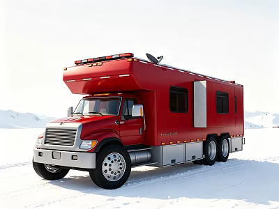 Red Functional Vehicle With Emergency Lights Satellite Dish And Windows In Snowy Landscape 3d model