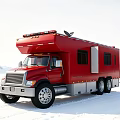 Red Functional Vehicle With Emergency Lights Satellite Dish And Windows In Snowy Landscape