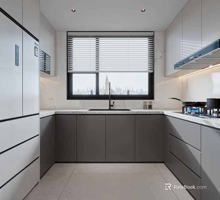 Modern Kitchen Interior Design With White And Gray Cabinets Window And City Skyline View Appliances 3d model 