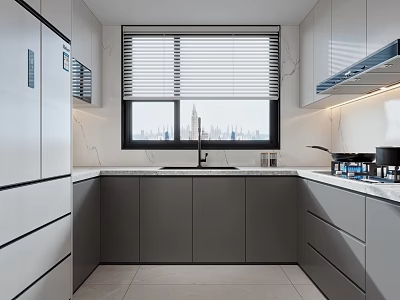 Modern Kitchen Interior Design With White And Gray Cabinets Window And City Skyline View Appliances 3d model