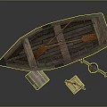 Wooden Boat With Crossed Oars Hanging Bucket Stool And Wicker Basket