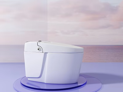 Modern White Toilet Design With Blue Base And Seaside Cloudy Sky Background 3d model