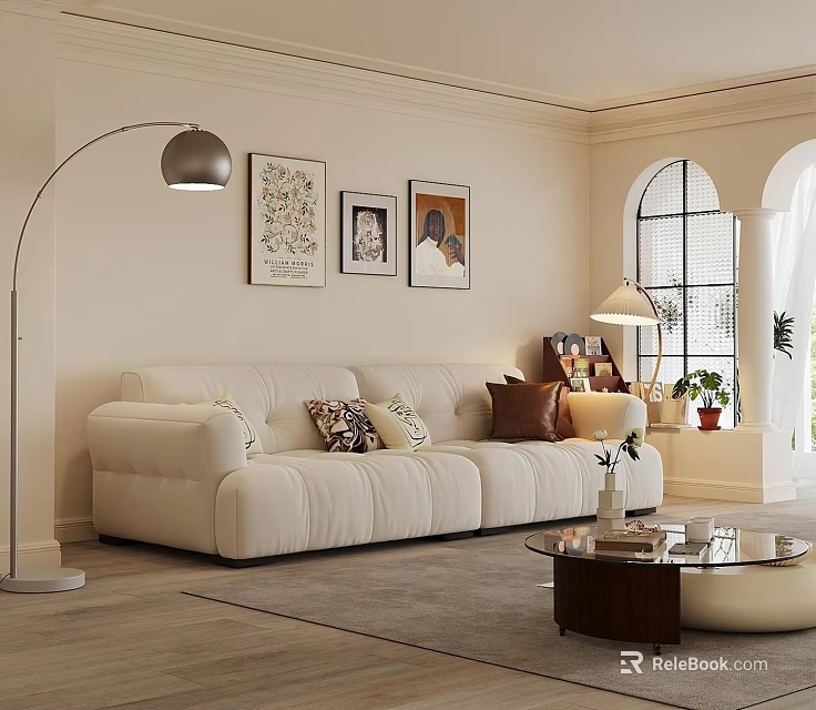 Elegant Cream White Sofa And Glass Top Coffee Table Set For Warm Living Room Decor 3d model 