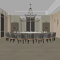 Modern Private Dining Room Interior With Dining Table Chairs Chandelier And Floor to Ceiling Windows