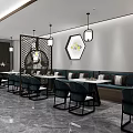 Modern Storefront Design With Decorative Vertical Grilles Illuminated Entrance And Glass Panels
