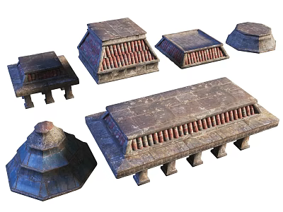 Wood and Stone Decorative Structures in Various Shapes with Supporting Pillars and Textured Details 3d model