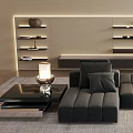Gray Sectional Sofa Living Room Interior With Coffee Table Rug And Shelves