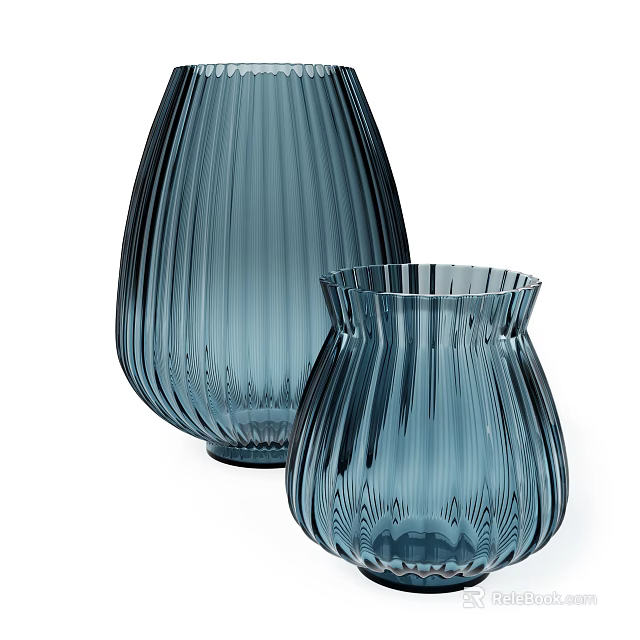 Elegant Blue Ribbed Glass Vases Modern Decorative Home Decor Pieces 3d model 