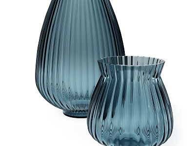 Elegant Blue Ribbed Glass Vases Modern Decorative Home Decor Pieces 3d model