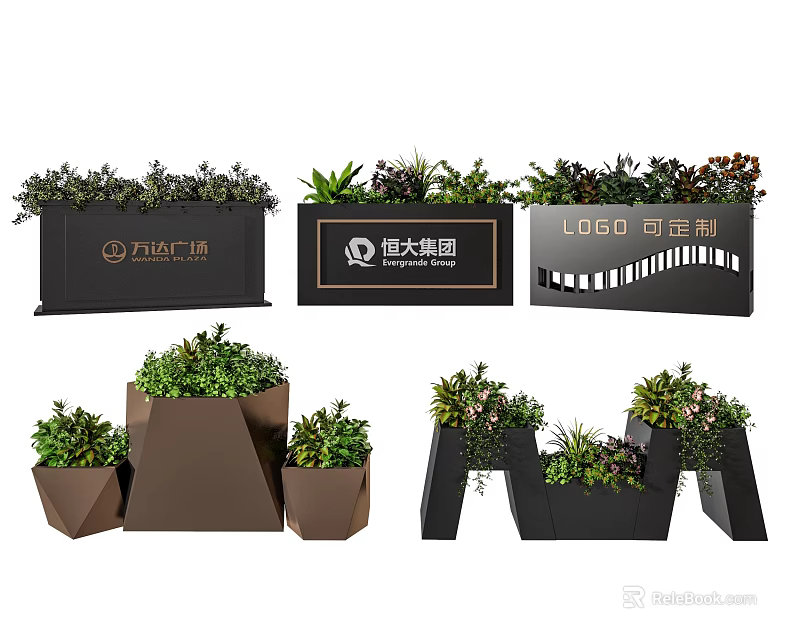 Modern Garden Ornaments With Green Plants And Company Logos In Various Shapes 3d model 