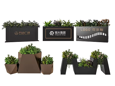Modern Garden Ornaments With Green Plants And Company Logos In Various Shapes 3d model