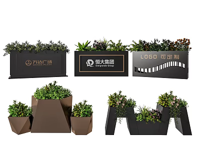 Modern Garden Ornaments With Green Plants And Company Logos In Various Shapes 3d model