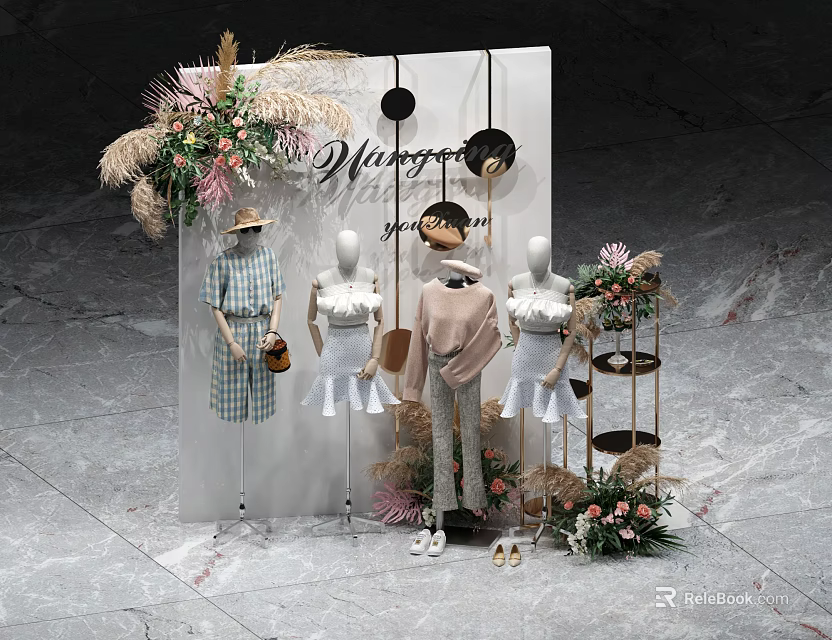Stylish Retail Clothing Display With Mirror Sign Mannequins Floral Decor And Apparel 3d model 