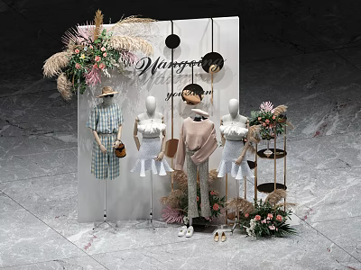 Stylish Retail Clothing Display With Mirror Sign Mannequins Floral Decor And Apparel 3d model