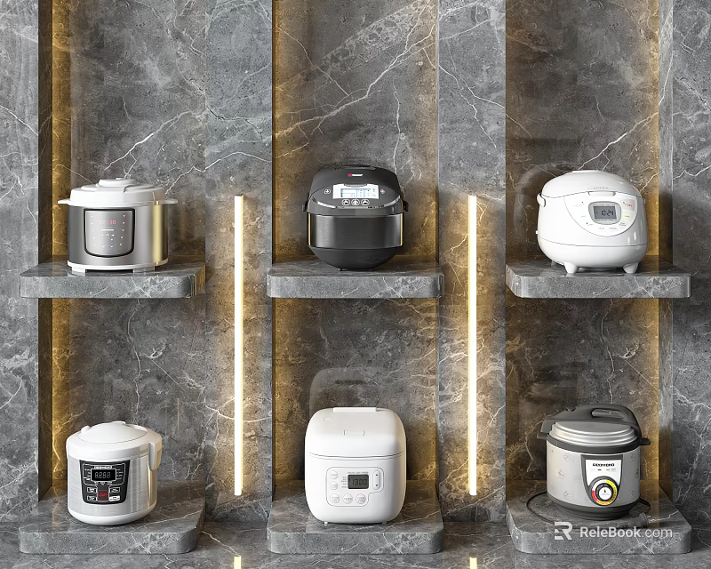 Six Modern Rice Cookers On Marble Shelves With Grey Marble Walls And Golden Lines 3d model 