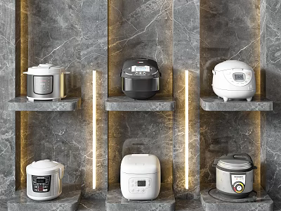 Six Modern Rice Cookers On Marble Shelves With Grey Marble Walls And Golden Lines 3d model