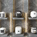 Six Modern Rice Cookers On Marble Shelves With Grey Marble Walls And Golden Lines