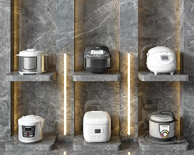Six Modern Rice Cookers On Marble Shelves With Grey Marble Walls And Golden Lines 3d model