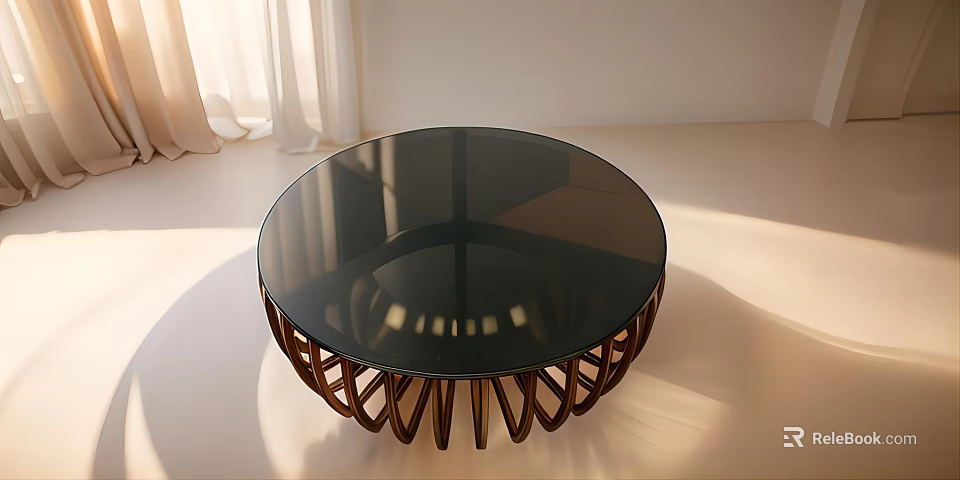 Round Glass Top Coffee Table With Brown Curved Base In Modern Minimalist Interior 3d model 