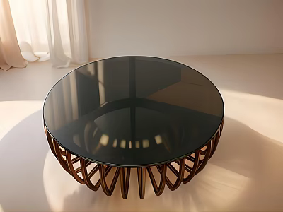 Round Glass Top Coffee Table With Brown Curved Base In Modern Minimalist Interior 3d model