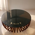Round Glass Top Coffee Table With Brown Curved Base In Modern Minimalist Interior