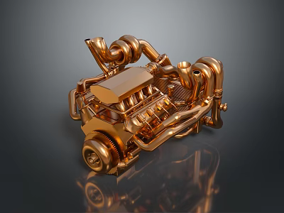 Golden Car Tire Showcased In Detailed Metallic Engine Model Design 3d model