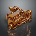 Golden Car Tire Showcased In Detailed Metallic Engine Model Design