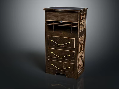 Classic Dark Wood Chest of Drawers With Golden Handles And Carved Patterns 3d model
