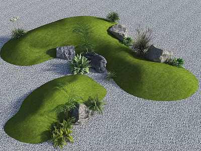 Garden Landscape With Green Grassy Mounds Stones And Small Plants On Gravel 3d model