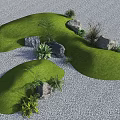 Garden Landscape With Green Grassy Mounds Stones And Small Plants On Gravel