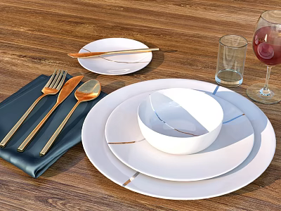 Elegant Dinnerware Set with White Plates Bowls Golden Cutlery on Wooden Table 3d model