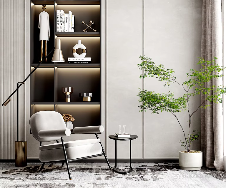 Velvet Accent Chair With Black Metal Legs Round Side Table Near Illuminated Shelf Green Plant 3d model 