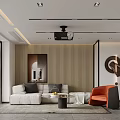 Modern Living and Dining Room With Sofa Dining Table Projector and Floor to Ceiling Windows