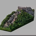 Scenic Castle Building On Hill With Lush Green Vegetation And Small Houses