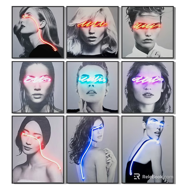 Portrait Art Grid with Vibrant Neon Lights Featuring Multiple Faces and Colorful Glow 3d model 